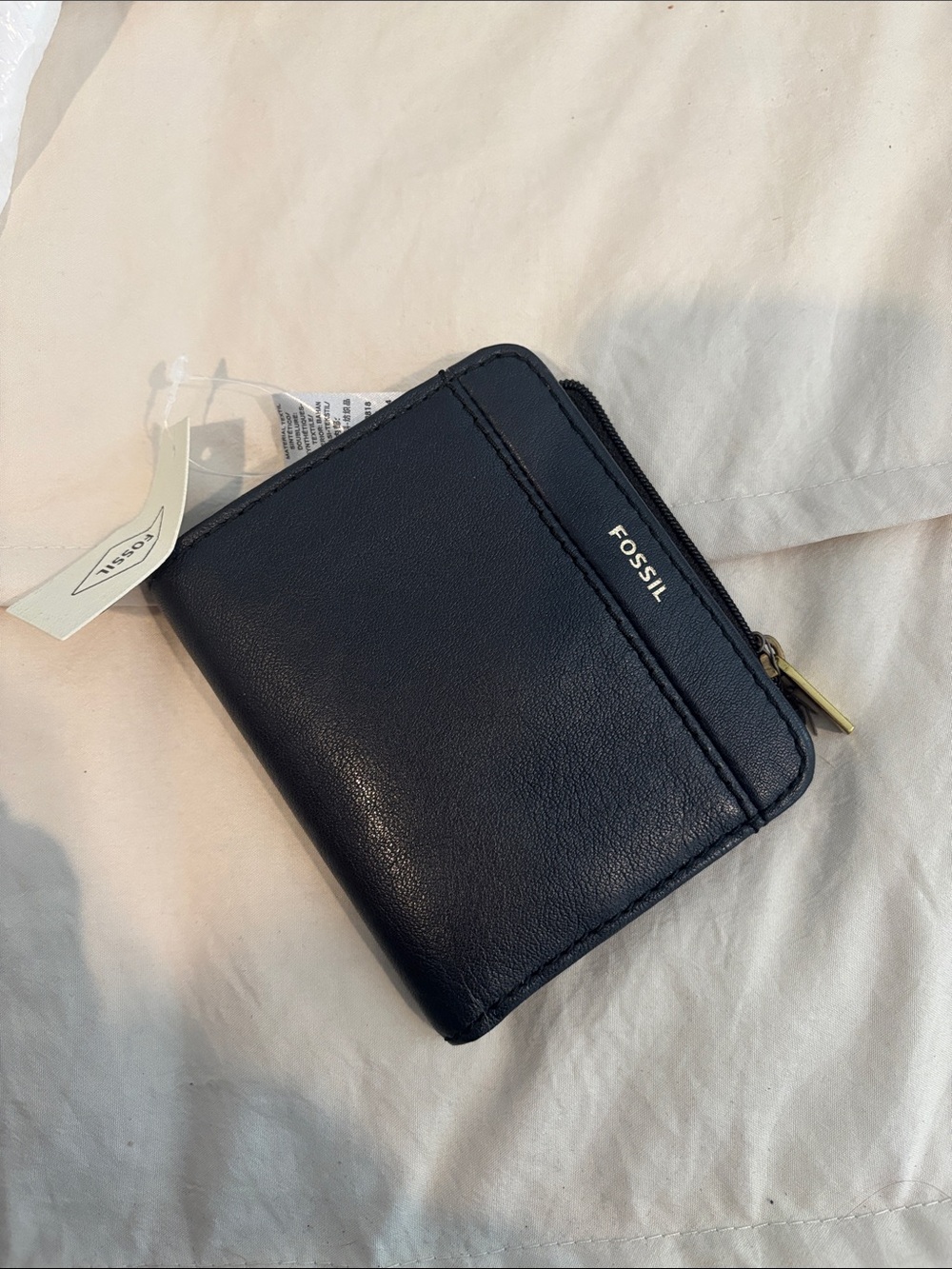 Fossil Black Leather Zip-Around Wallet with Gold Hardware